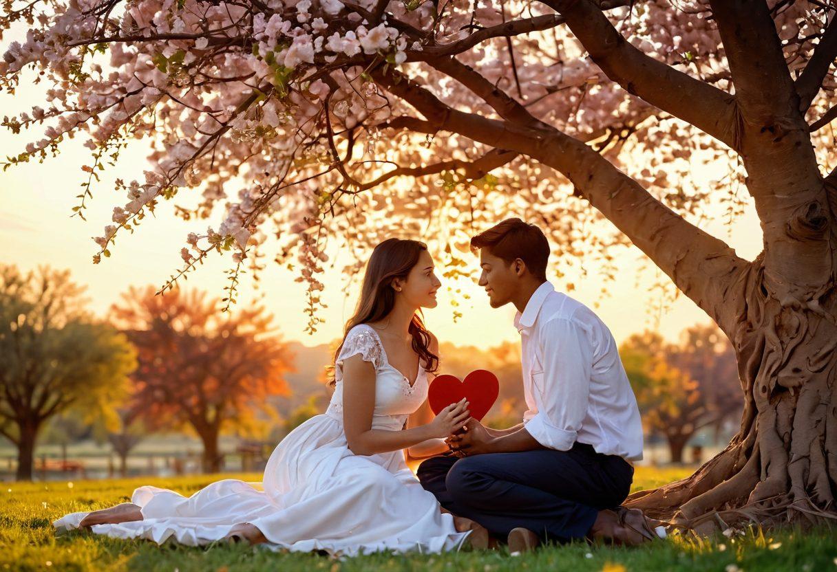 A serene couple sitting under a blossoming tree, engaging in deep conversation, their expressions radiating warmth and understanding. Heart-shaped love notes float gently in the air around them, symbolizing emotional connections. A soft sunset casts a warm glow, enhancing the emotional depth of the scene. A subtle background of intertwining vines and flowers symbolizes growth in relationships. soft focus. vibrant colors. romantic atmosphere.