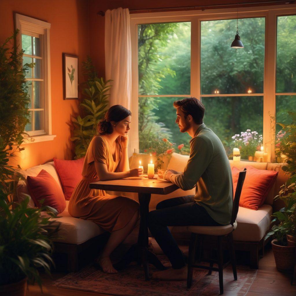 A warm, inviting scene depicting two individuals engaged in deep conversation, surrounded by soft candlelight and a cozy atmosphere. In the background, lush greenery and blooming flowers symbolize growth in emotional connections. Hearts gently floating around the scene represent affection transitioning into amour. The colors should be soft and romantic, evoking feelings of intimacy and warmth. super-realistic. vibrant colors. soft focus.