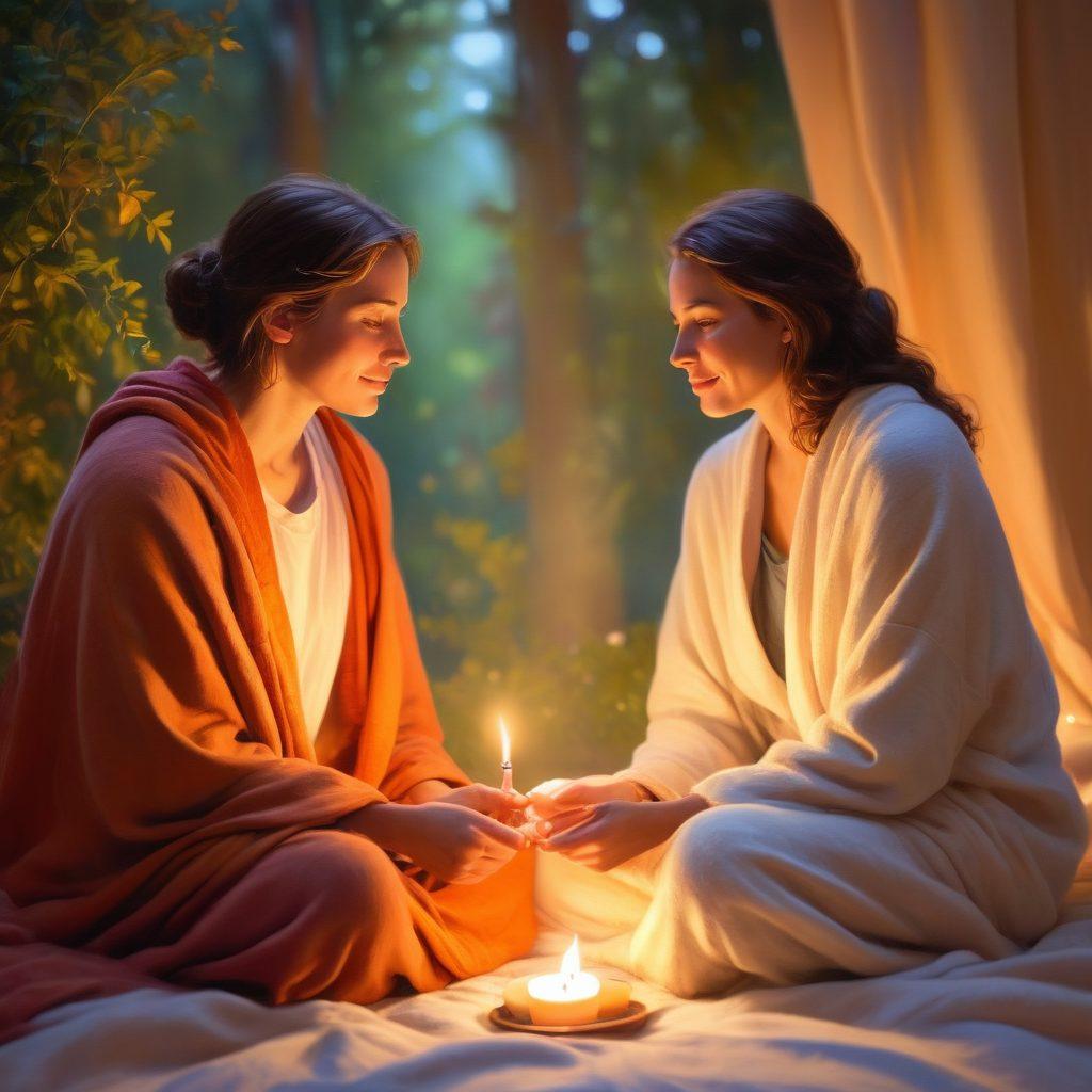 A warm and inviting scene of two people sitting together, sharing a heartfelt conversation, surrounded by soft, glowing light. Their expressions convey compassion and vulnerability, with subtle reflections of nature in the background, symbolizing growth and connection. The setting should include elements of warmth, like a cozy blanket or a flickering candle. vibrant colors. soft focus. painting.